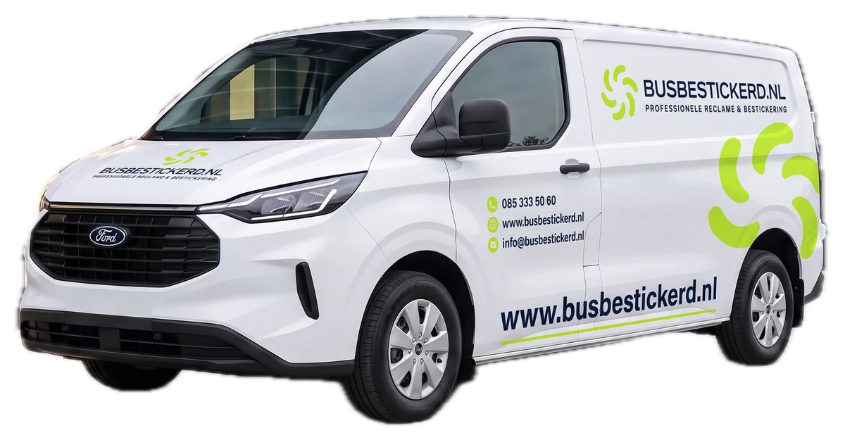Voorbeeldontwerp van busbestickerd.nl op een bestelbus